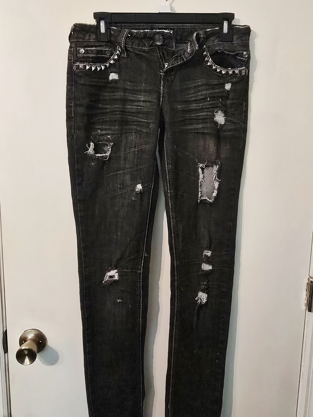 YNQ Black Distressed Ripped Skinny Jeans with Studded Pocket Trim